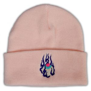 Baby Pink Houju Beanie, a baby pink beanie hat which features an embroidered design of a Japanese houju