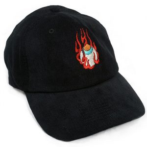 Japanese Houju Corduroy Cap, a black corduroy cap with an embroidered design of a Japanese houju