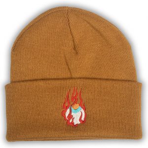 Caramel Houju Beanie, a caramel beanie hat with en embroidered japanese houju design in the centre front