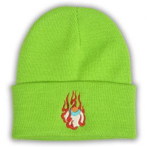 Lime Green Houju Beanie, a lime green beanie hat which features an embroidered design of a Japanese houju