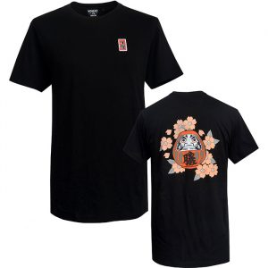 Men's Daruma T-Shirt, a mens black t-shirt with a print of a red daruma surrounded by cherry blossom on the back