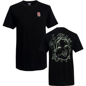 Men's Okame T-Shirt, a mens black t-shirt with a seafoam green print of an Okame Mask on the back