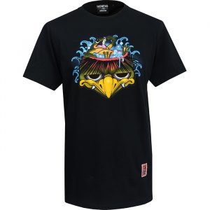 Men's Kappa T-Shirt, a mens black t-shirt with a print of a kappa yokai and a frog bathing in his head