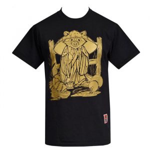 Men's Tanuki T-Shirt, a men's t-shirt with a gold print of a tauki wearing a Japanese monk's outfit