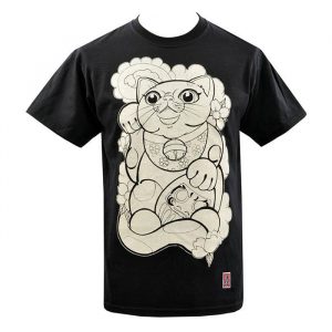 Men's Maneki Neko T-Shirt, a men's black t-shirt featuring a Lucky cat (maneki neko) design