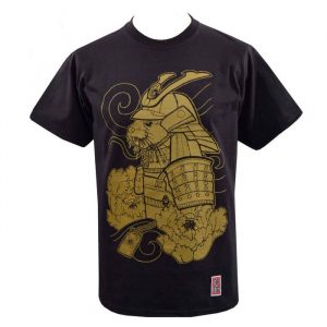 Men's Samurai Otter T-Shirt, a men's black t-shirt with a gold print of an Asian short clawed otter in samurai amour