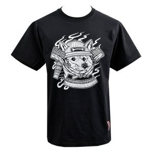 Men's Black T-Shirt with a white screen print of a shiba dog wearing a samurai helmet
