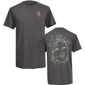 Men's Okame T-Shirt, a dark grey mens t-shirt with a seafoam green print of an Okame Noh Mask on the back
