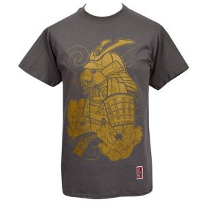 Men's Dark Grey t-Shirt with a gold print of an Asian short clawed otter wearing samurai armour