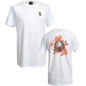 Men's Daruma T-Shirt, a mens white t-shirt with a print of a red daruma surrounded by cherry blossom on the back