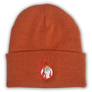 Orange Houju Beanie, a caramel beanie hat with en embroidered japanese houju design in the centre front